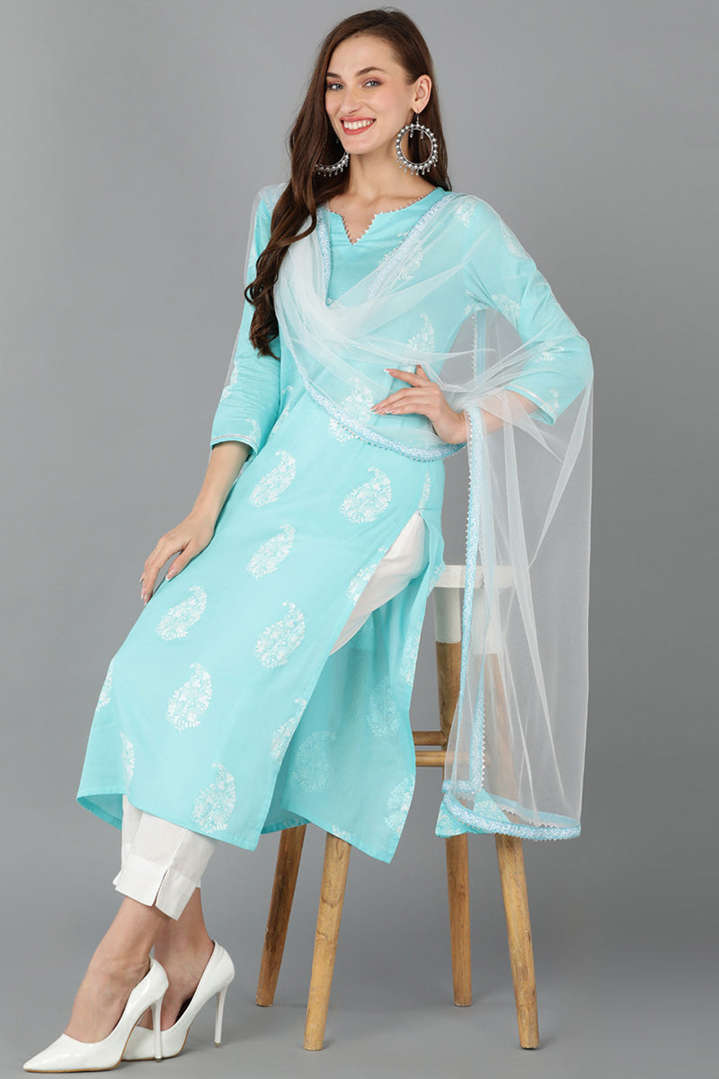 Turquoise Blue Pure Cotton Paisley Straight Kurta Pant With Dupatta
