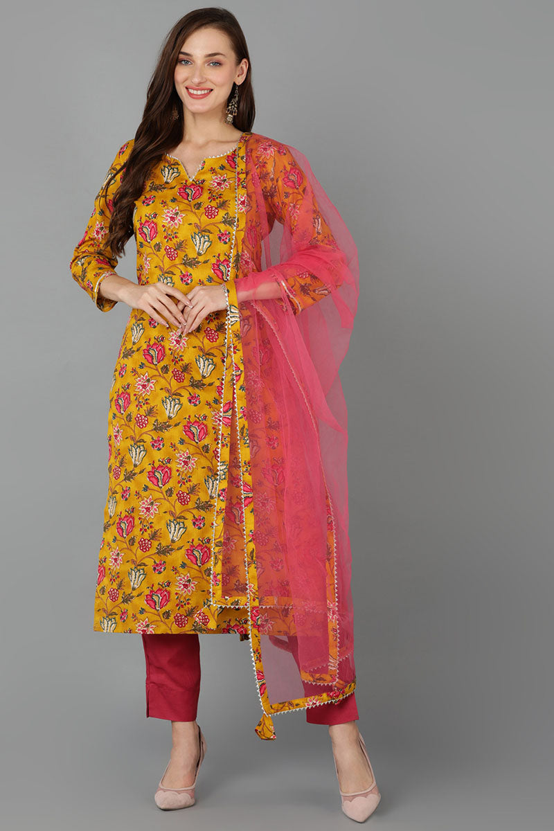 Mustard Pure Cotton Floral Straight Kurta Pant With Dupatta