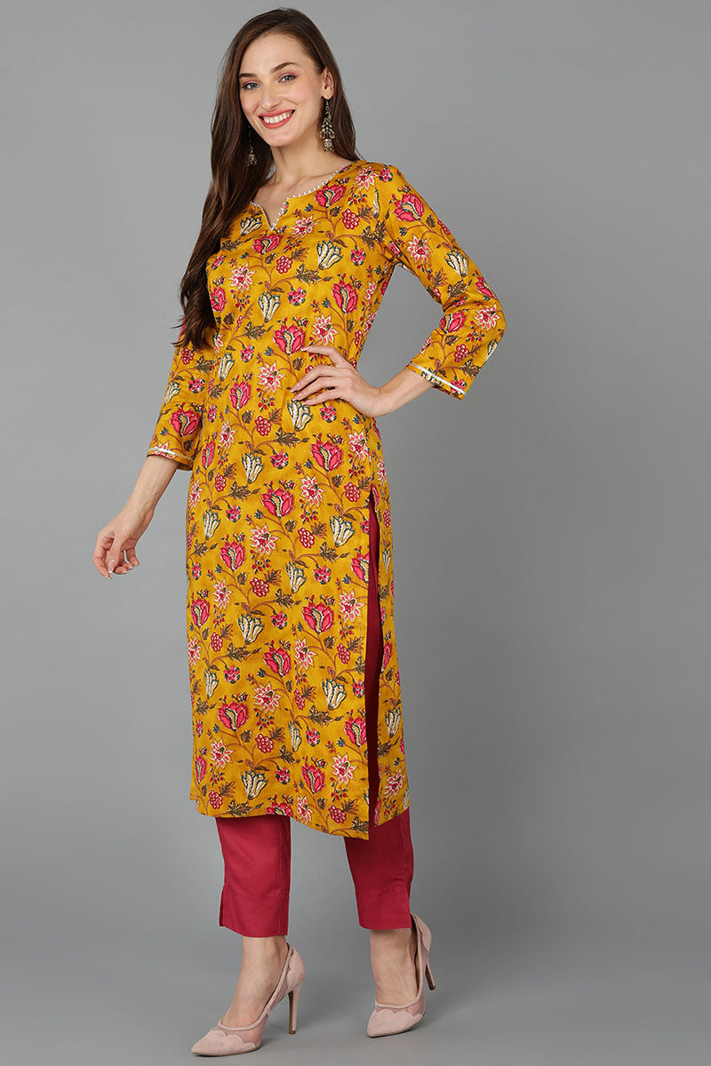 Mustard Pure Cotton Floral Straight Kurta Pant With Dupatta