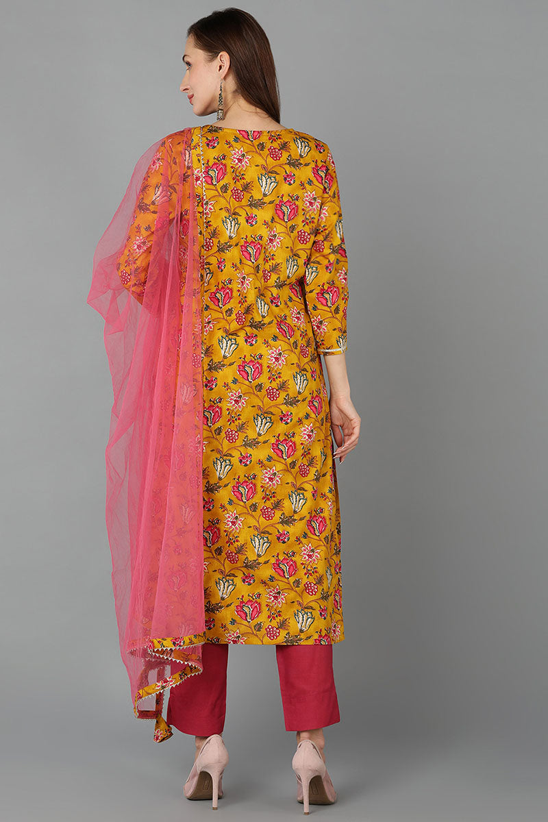 Mustard Rayon Blend Floral Straight Kurta Pant With Dupatta VKSKD1718