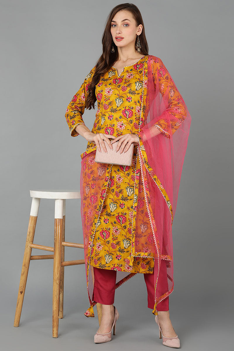 Mustard Rayon Blend Floral Straight Kurta Pant With Dupatta VKSKD1718