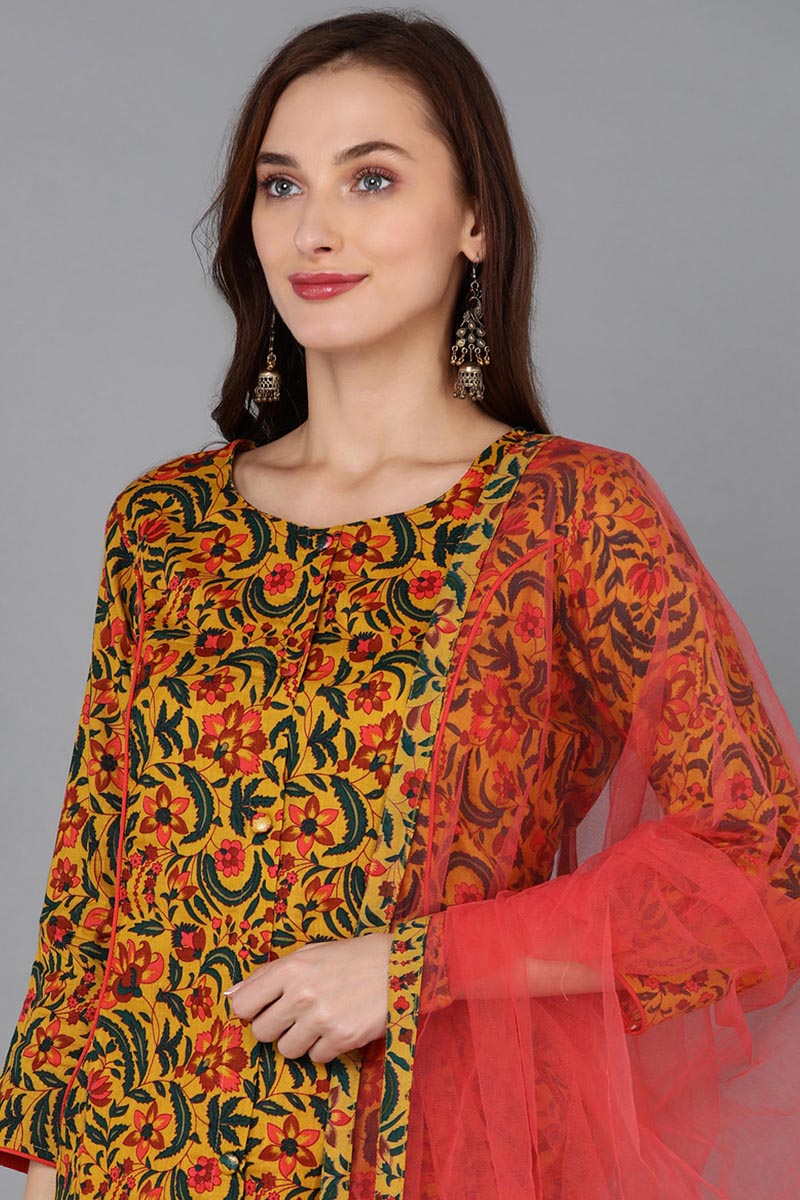 Mustard Pure Cotton Floral A-Line Kurta Pant With Dupatta