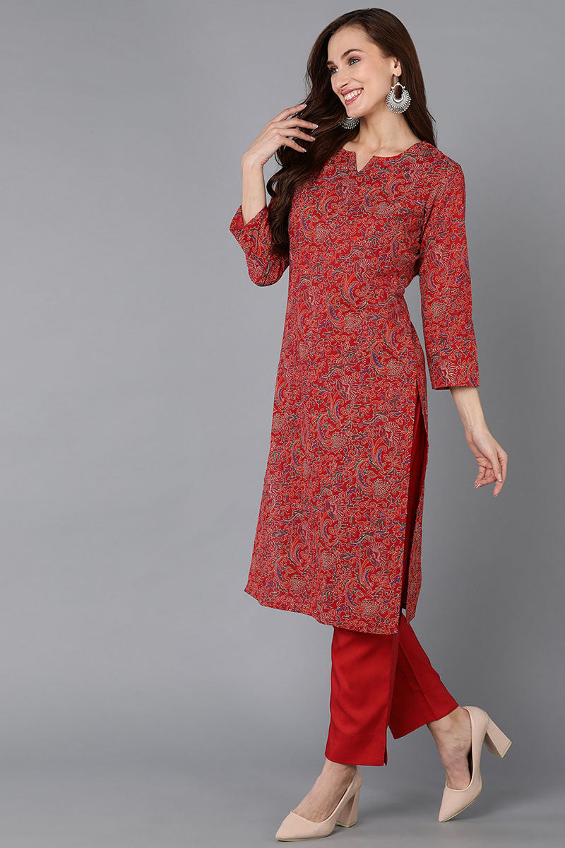 Red Pure Cotton Floral Straight Kurta Pant With Dupatta