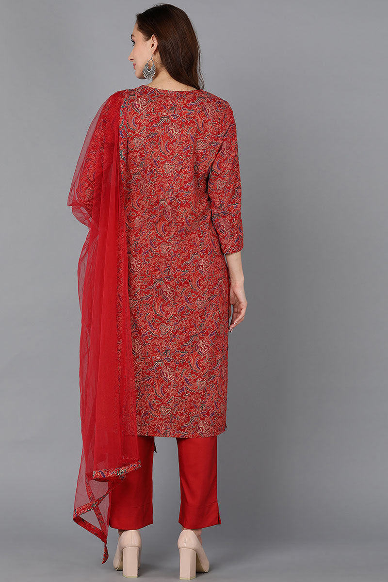 Red Pure Cotton Floral Straight Kurta Pant With Dupatta