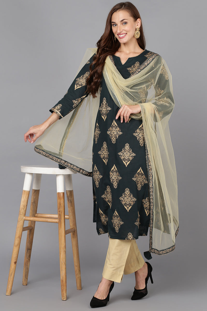 Green Rayon Blend Straight Quirky Kurta Pant With Dupatta VKSKD1740