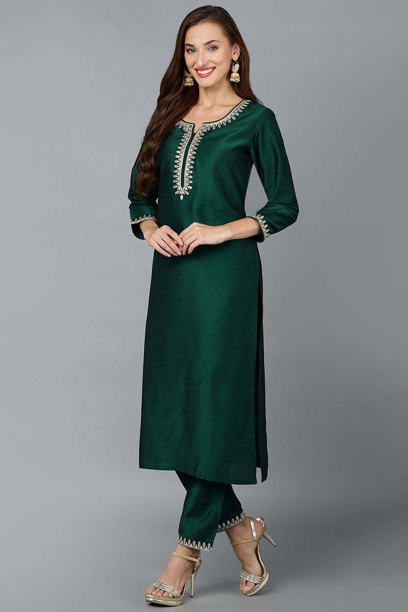 Green Silk Blend Straight Kurta Pant With Dupatta VKSKD1773