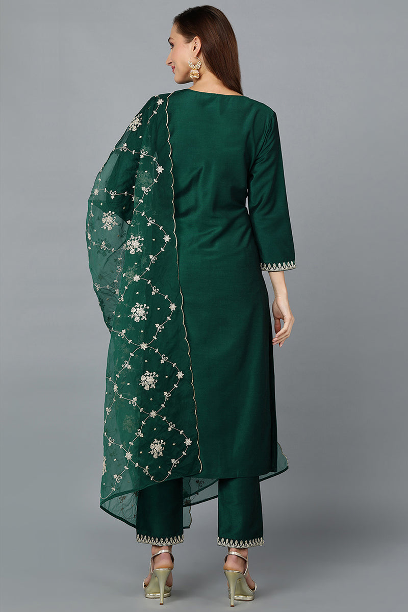 Green Silk Blend Straight Kurta Pant With Dupatta VKSKD1773