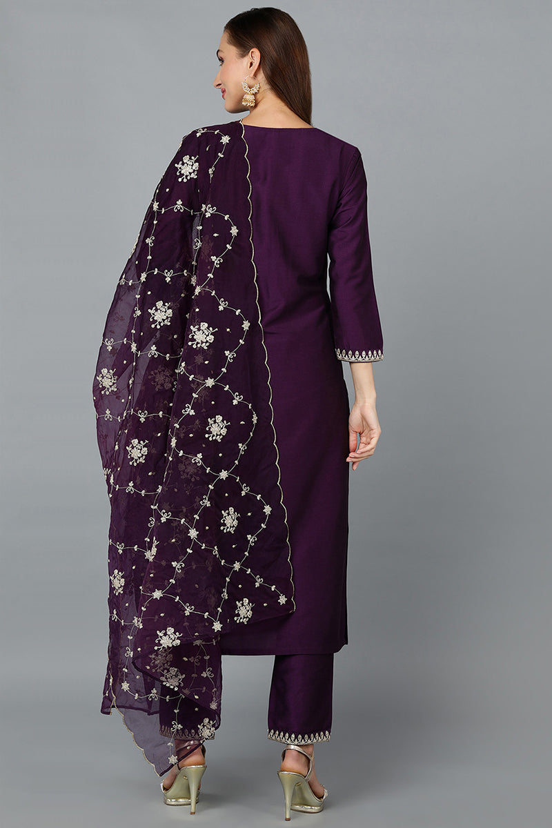 Purple Silk Blend Straight Kurta Pant With Dupatta VKSKD1774