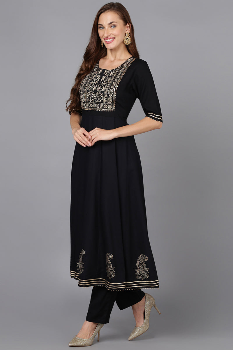 Black Silk Blend Anarkali Yoke Design Kurta Pant With Dupatta VKSKD1782
