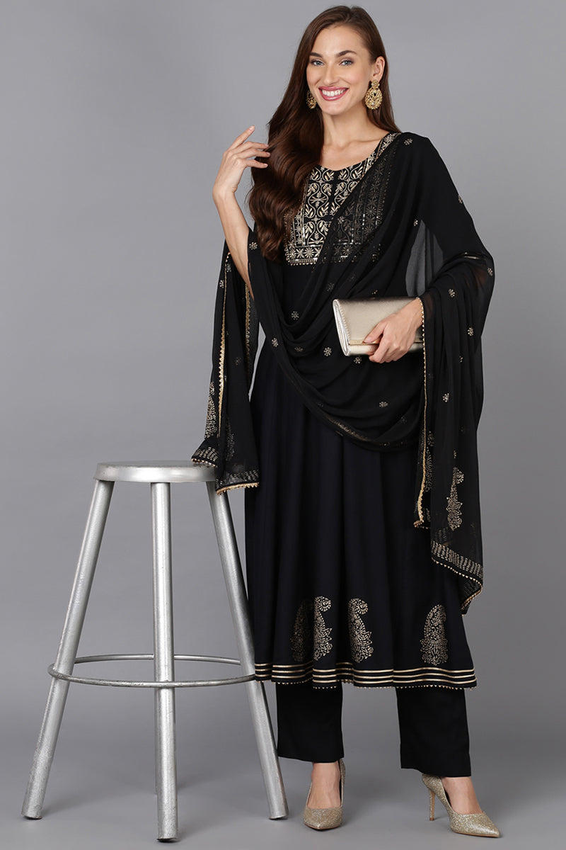 Black Silk Blend Anarkali Yoke Design Kurta Pant With Dupatta VKSKD1782