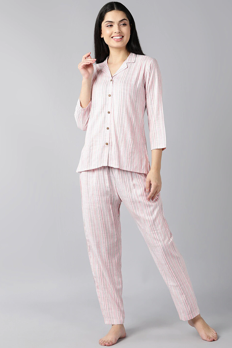 AHIKA Women Pink Pure Cotton Striped Night Suit