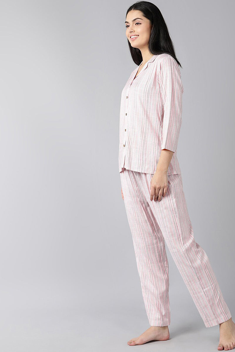 AHIKA Women Pink Pure Cotton Striped Night Suit
