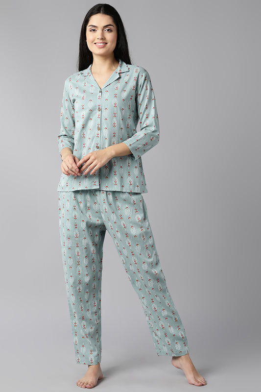 AHIKA Women Teal Green White Pure Cotton Printed Night Suit