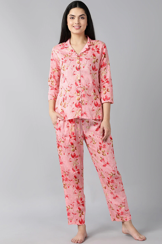 AHIKA Women Pink Red Printed Pure Cotton Night Suit