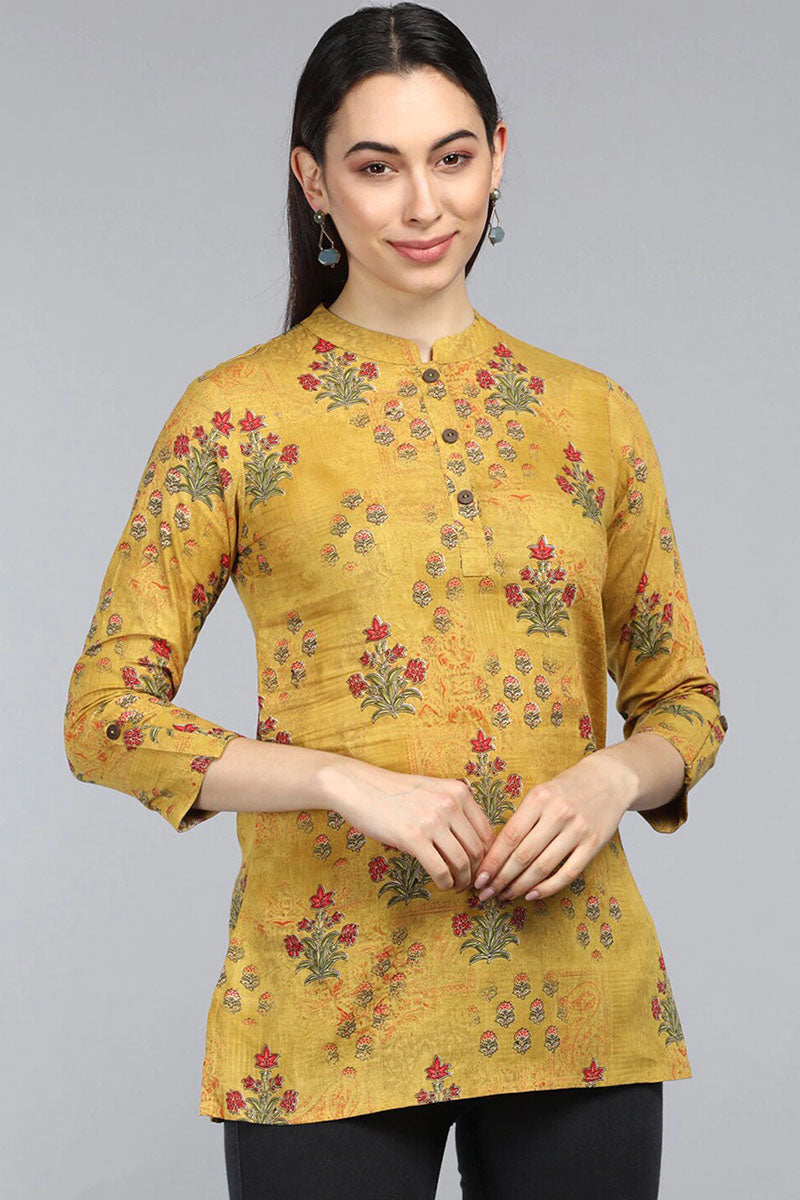 AHIKA Mustard Yellow Floral TopPrint Mandarin Collar Longline