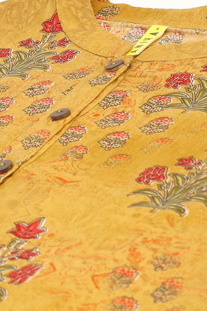 AHIKA Mustard Yellow Floral TopPrint Mandarin Collar Longline