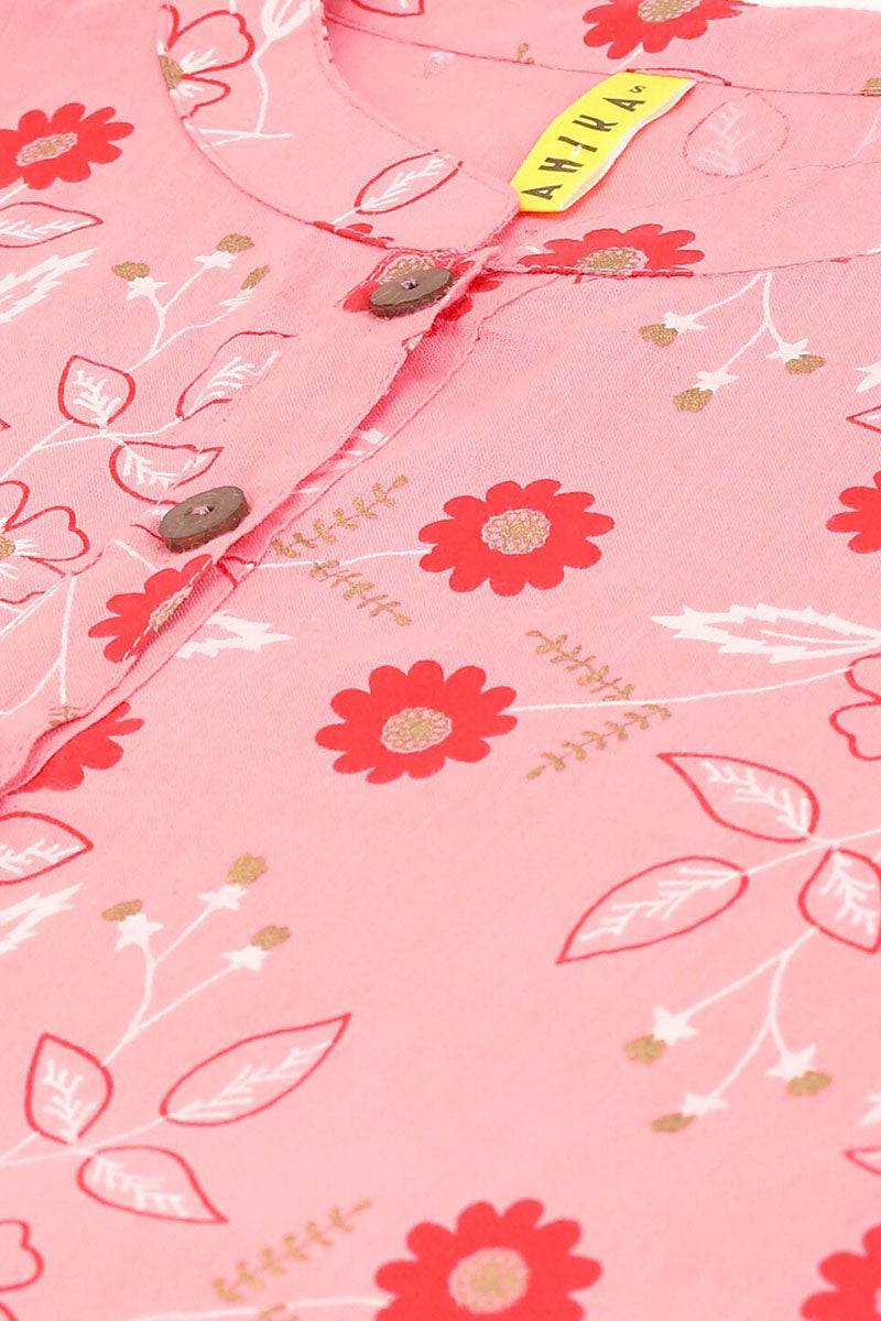 AHIKA Pink Floral Print Mandarin Collar Longline Top