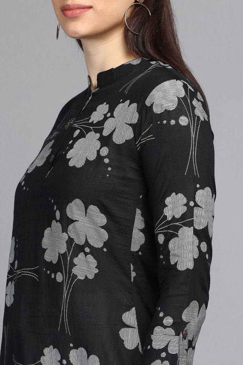 AHIKA Black Floral Print Mandarin Collar Top