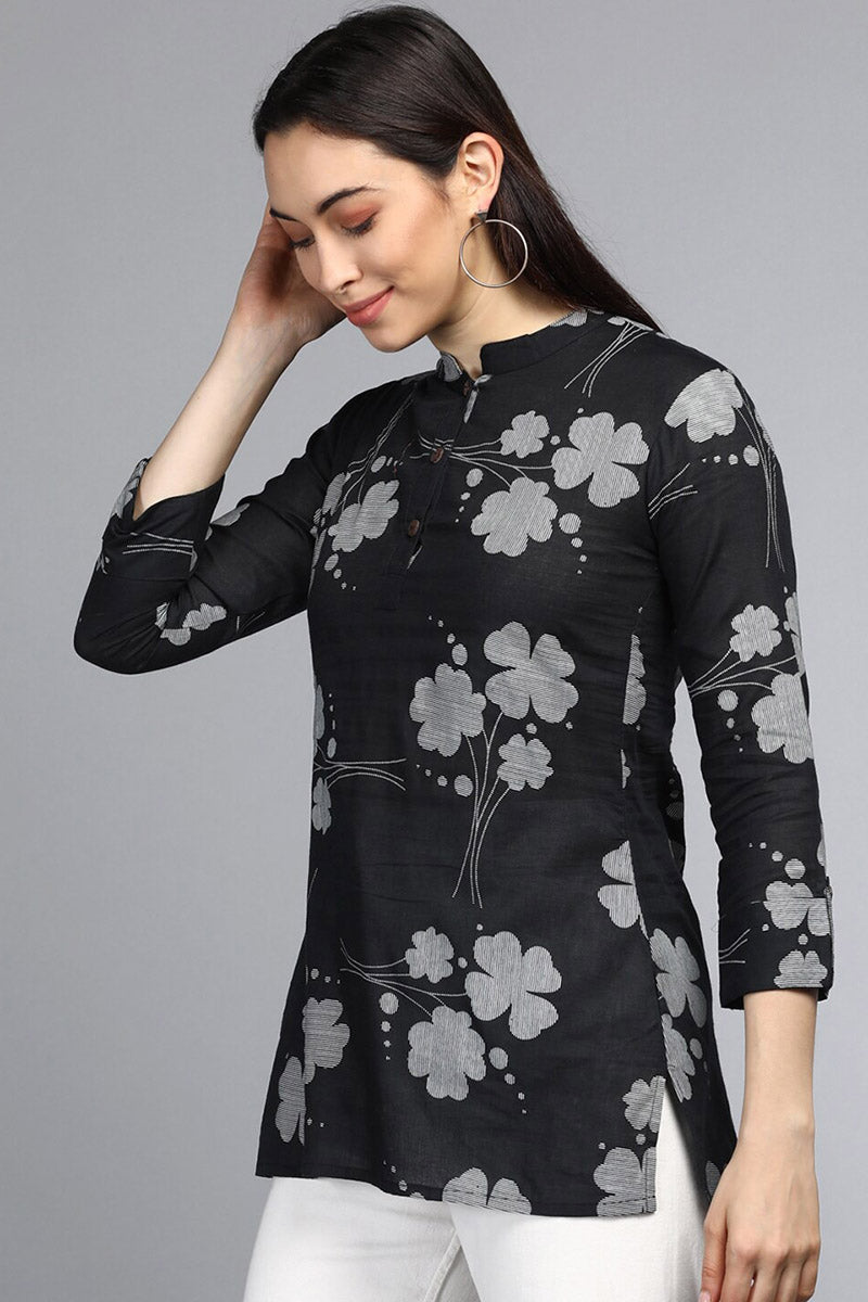Black Cotton Floral Print Regular Tunic Top VT1104 – Ahika