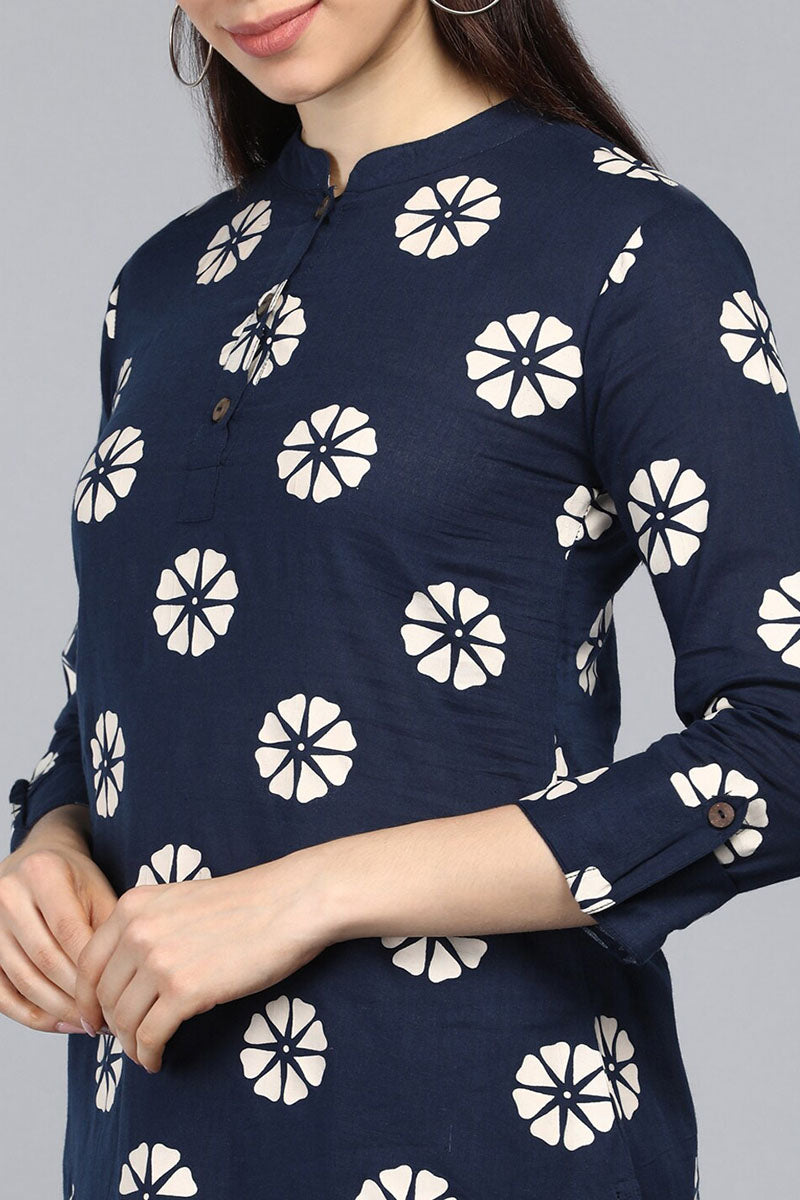 AHIKA Navy Blue Floral Print Mandarin Collar Longline Top