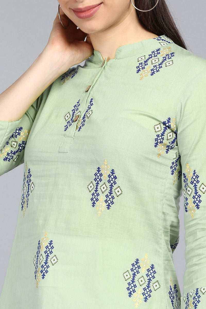 AHIKA Green Print Mandarin Collar Longline Top