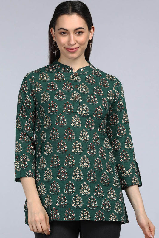 AHIKA Green Floral Print Mandarin Collar Shirt Style Top