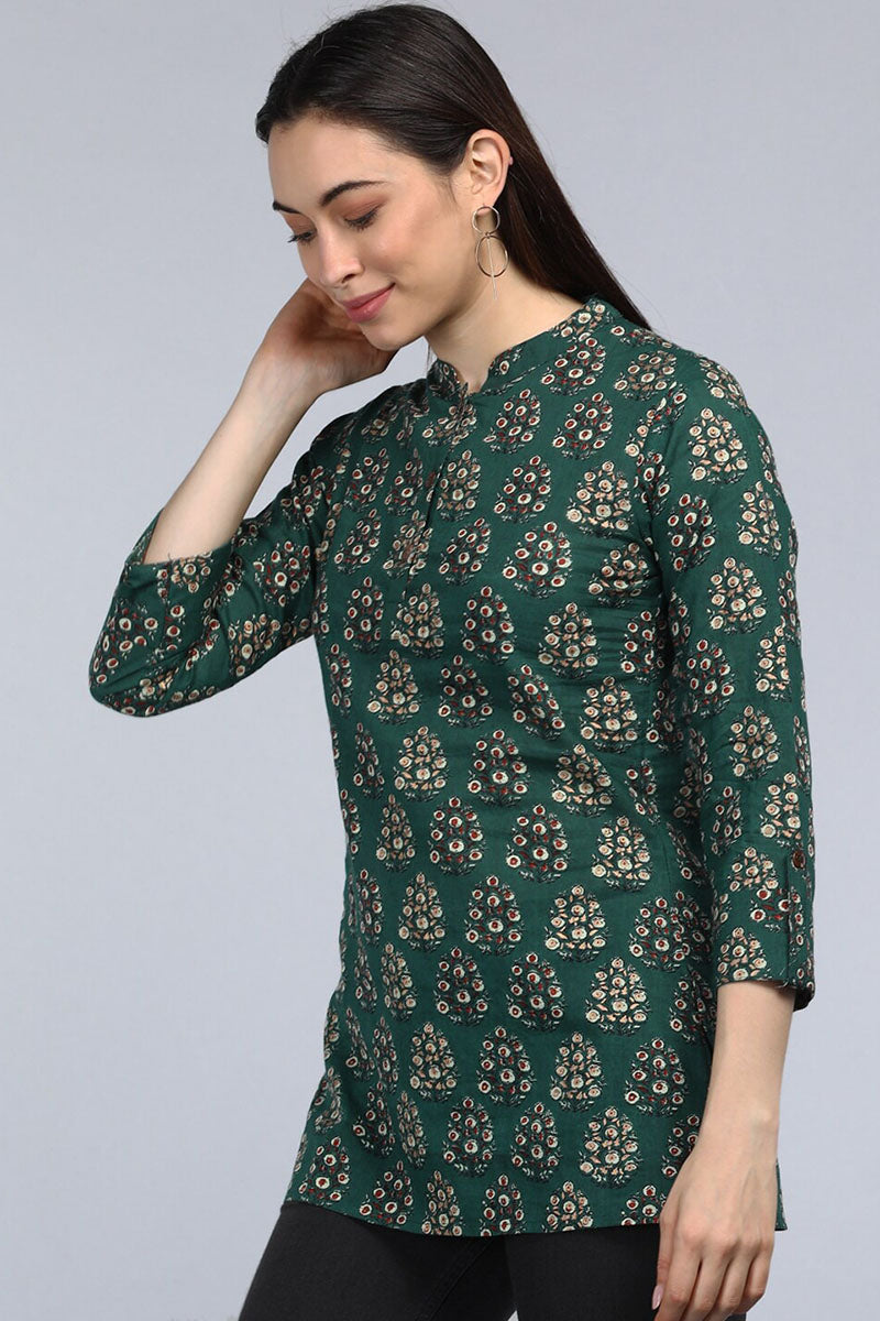 AHIKA Green Floral Print Mandarin Collar Shirt Style Top