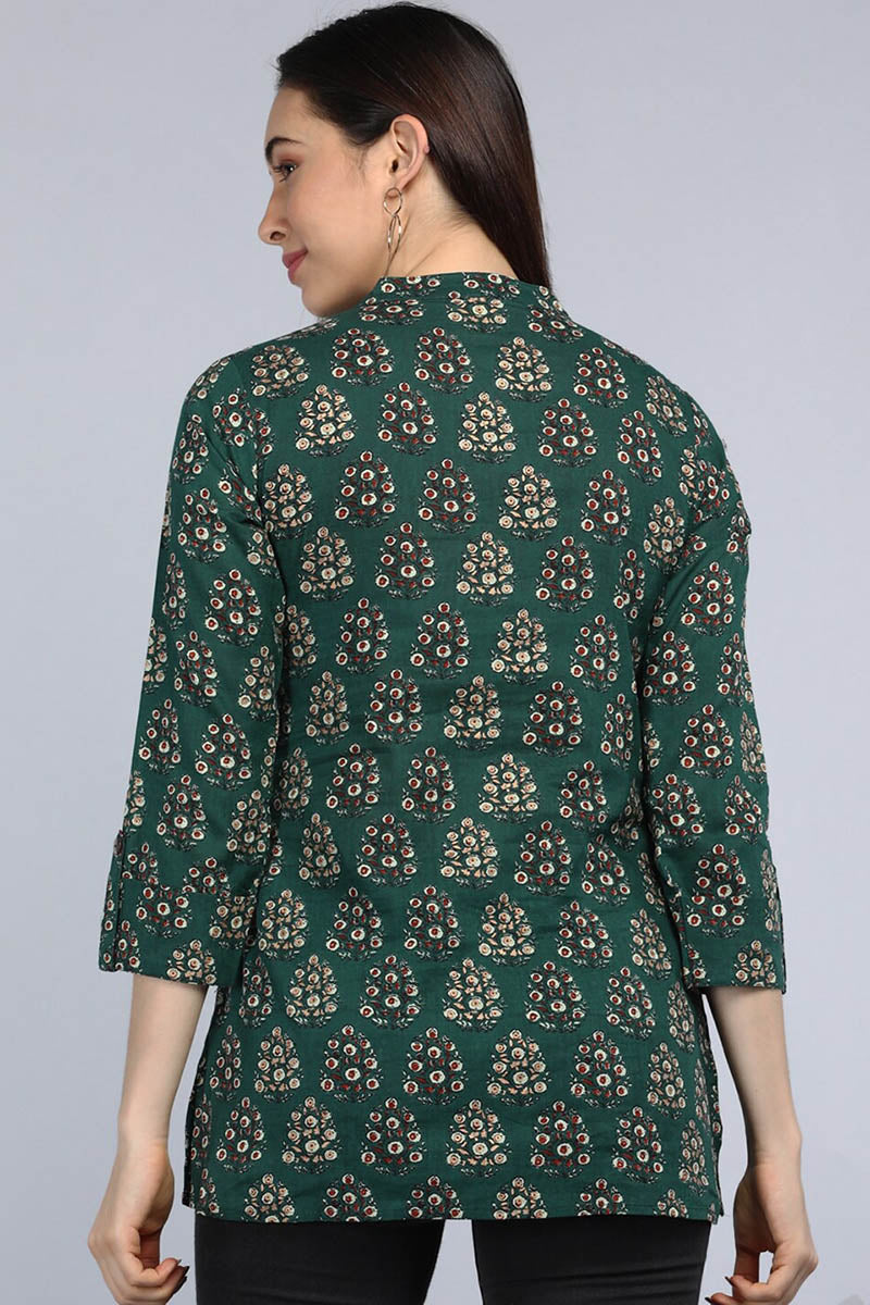 AHIKA Green Floral Print Mandarin Collar Shirt Style Top