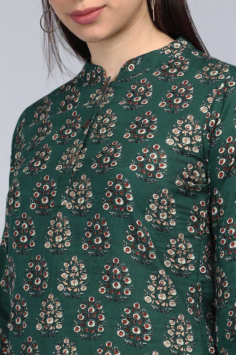 AHIKA Green Floral Print Mandarin Collar Shirt Style Top