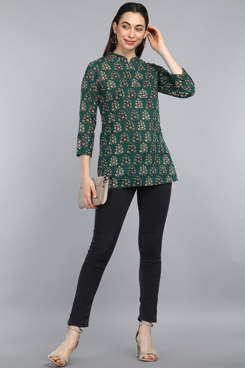 AHIKA Green Floral Print Mandarin Collar Shirt Style Top