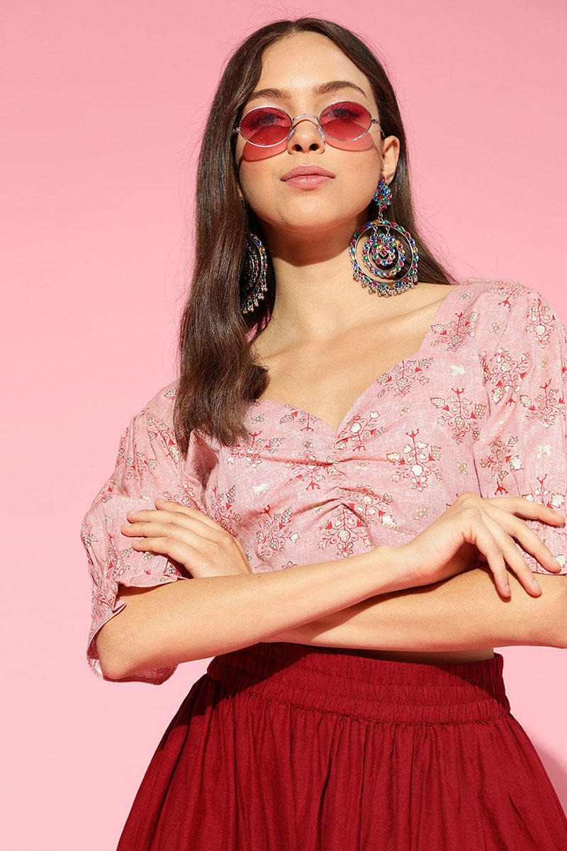 Peach Cotton Ethnic Motifs Crop Top VT1169