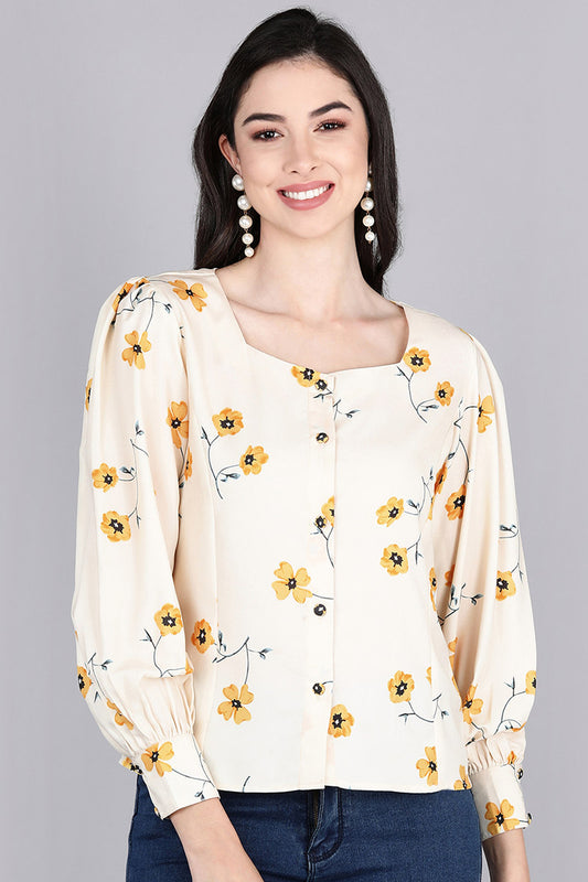 AHIKA Women Off White Printed Floral Tops