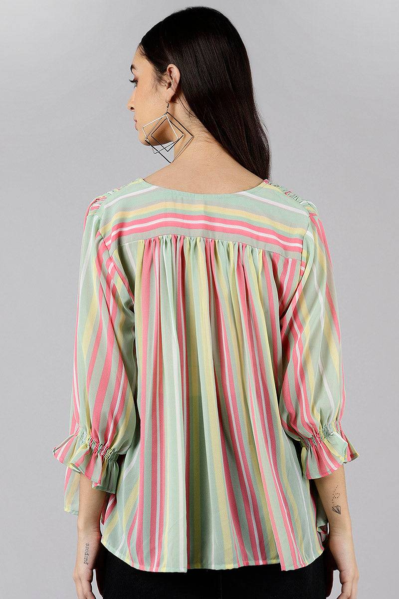 AHIKA Women Sea Green Striped Vertical Stripes Tops