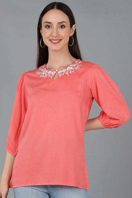 Pink Viscose Rayon Embroidered Tops