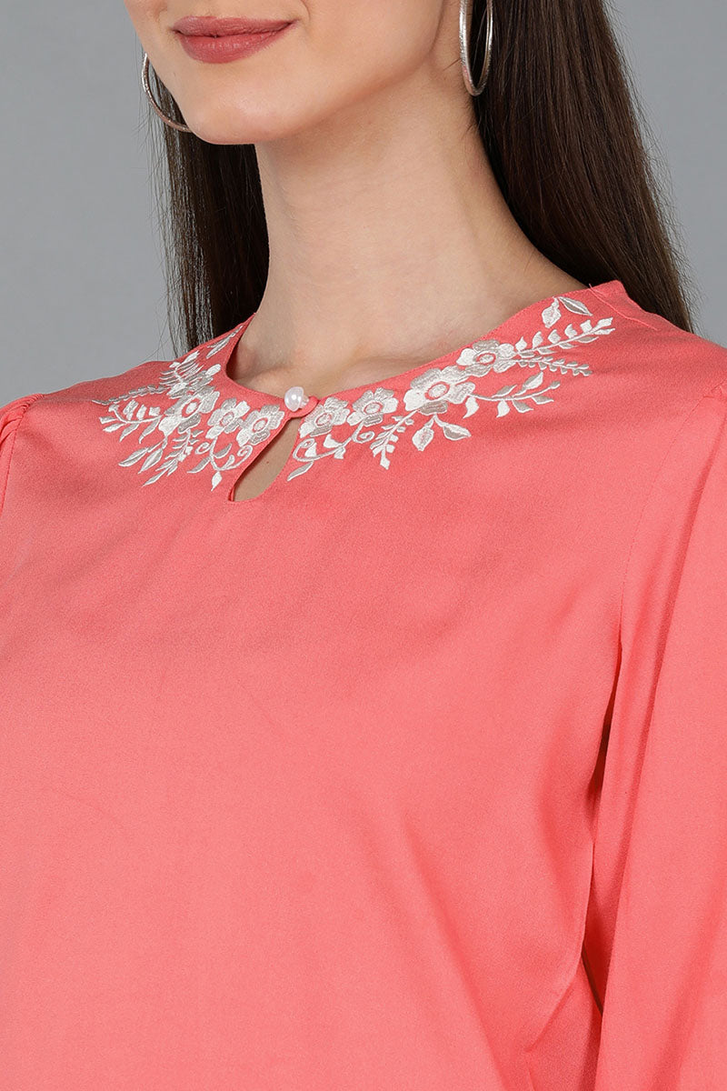 Pink Viscose Rayon Embroidered Tops