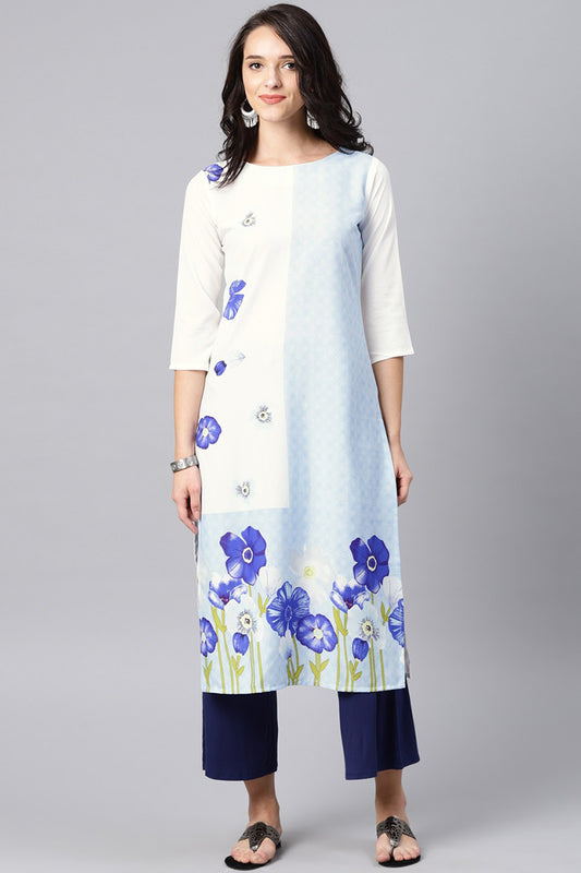 AHIKA Women White & Blue Floral Print Straight Kurta 