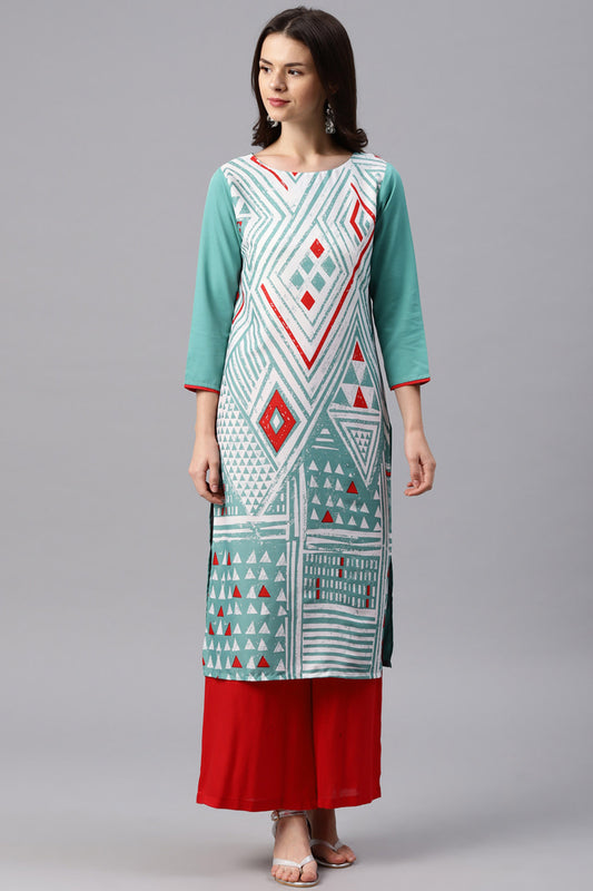 Ahika Women Daily Wear Light Turquoise Color Crepe Fabric Printed Fancy Kurti