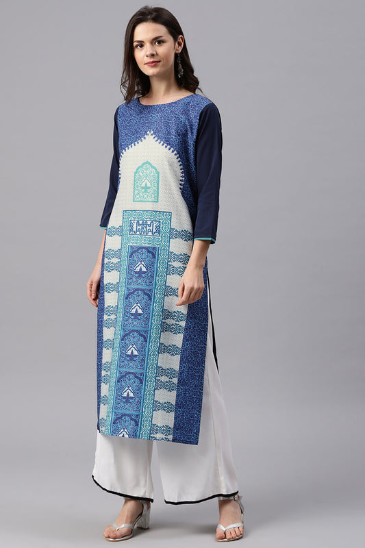 Ahika Women Regular Wear Blue Color Crepe Fabric Printed Fancy Kurti