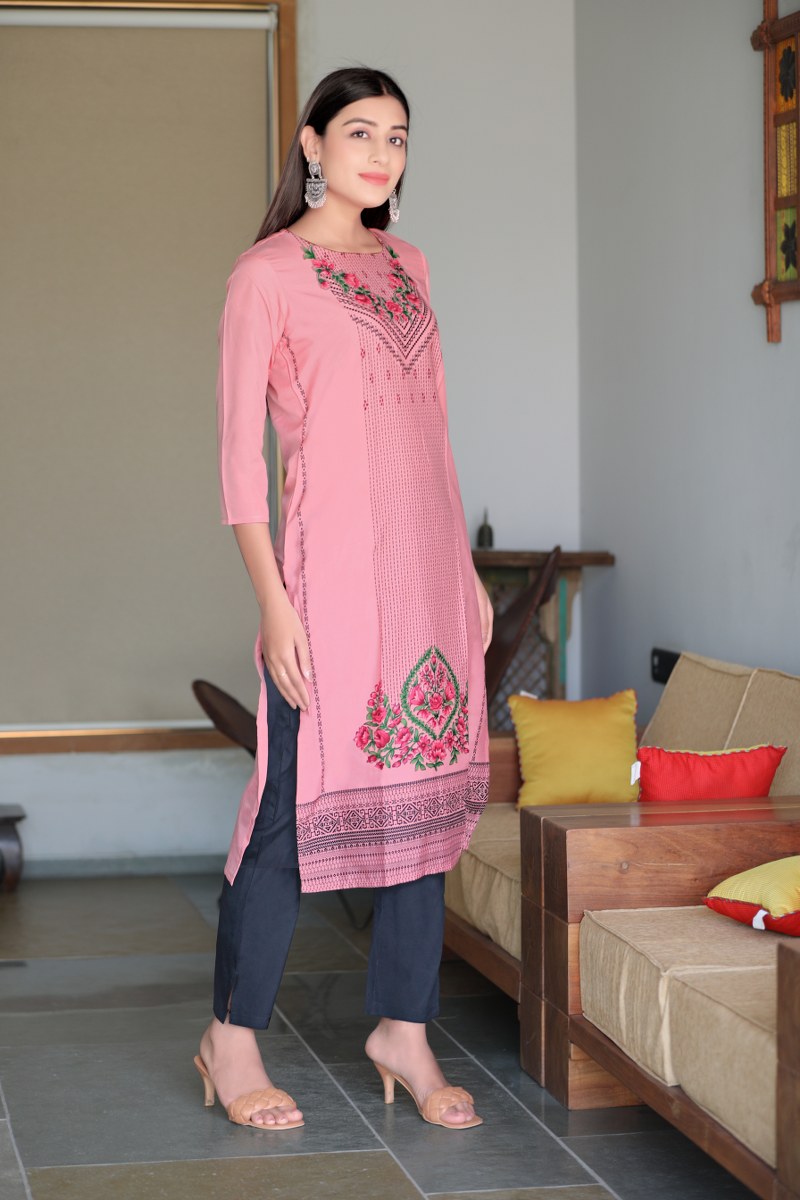 Ahika Women Daily Wear Peach Color Crepe Fabric Printed Fancy Kurti 
