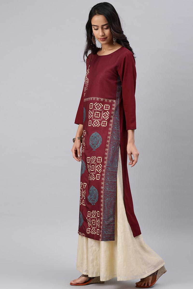Ahika Women Crepe Fabric Maroon Color Printed Fancy Daily Wear Kurti 