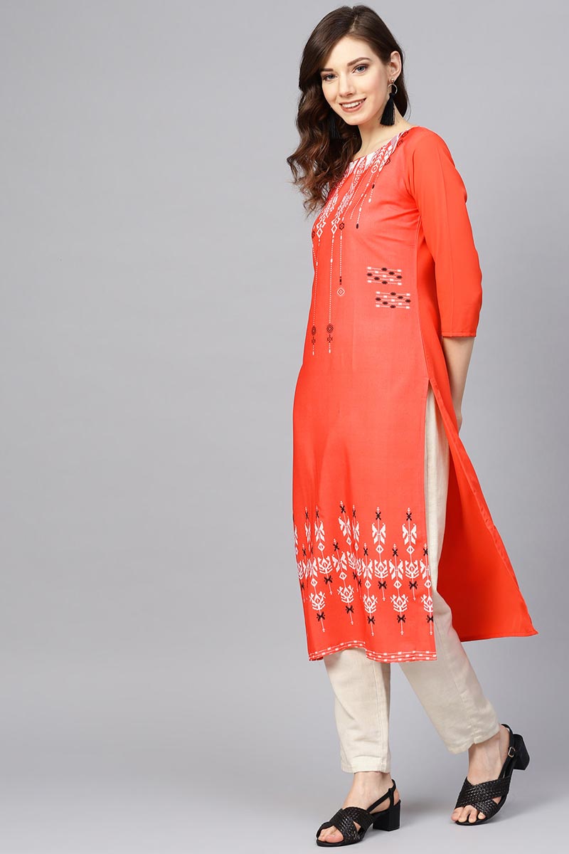 Ahika Women Crepe Fabric Printed Simple Function Wear Orange Color Kurti 