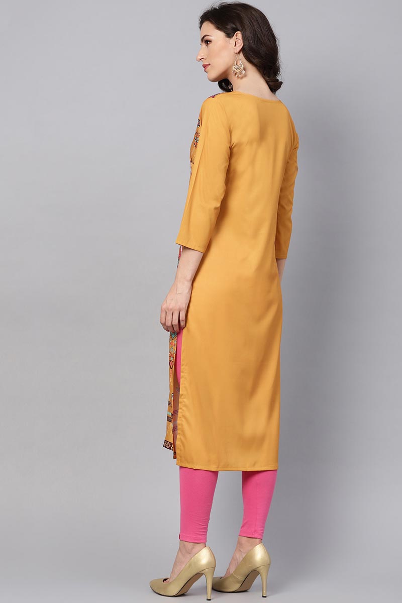 Ahika Women Occasion Wear Mustard Color Printed Crepe Fabric Kurti 