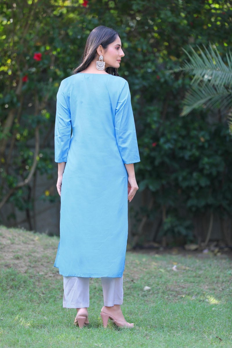 Ahika Women Crepe Fabric Printed Simple Function Wear Sky Blue Color Kurti 