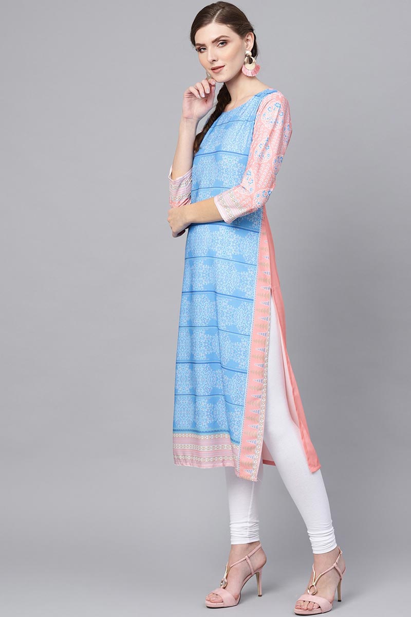 Ahika Women Crepe Fabric Sky Blue Printed Fancy Daily Wear Kurti 
