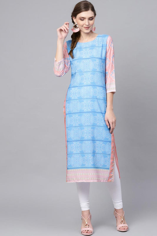 Ahika Women Crepe Fabric Sky Blue Printed Fancy Daily Wear Kurti 