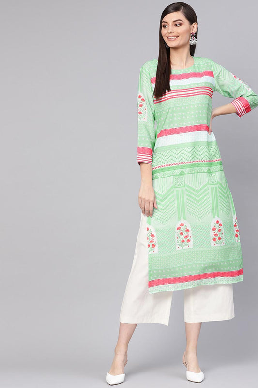 Ahika Women Crepe Fabric Trendy Festive Wear Green Printed Kurti 
