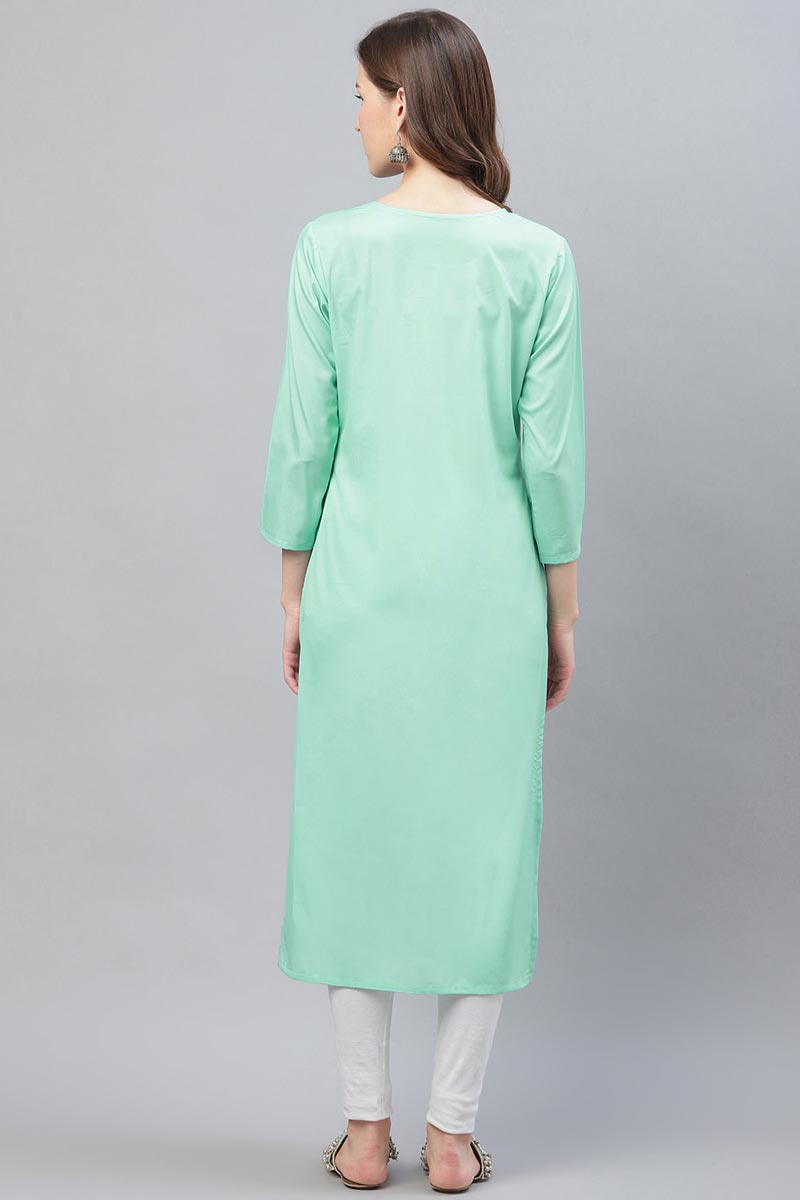 Ahika Women Casual Wear Crepe Sea Green Color Printed Trendy Kurti 