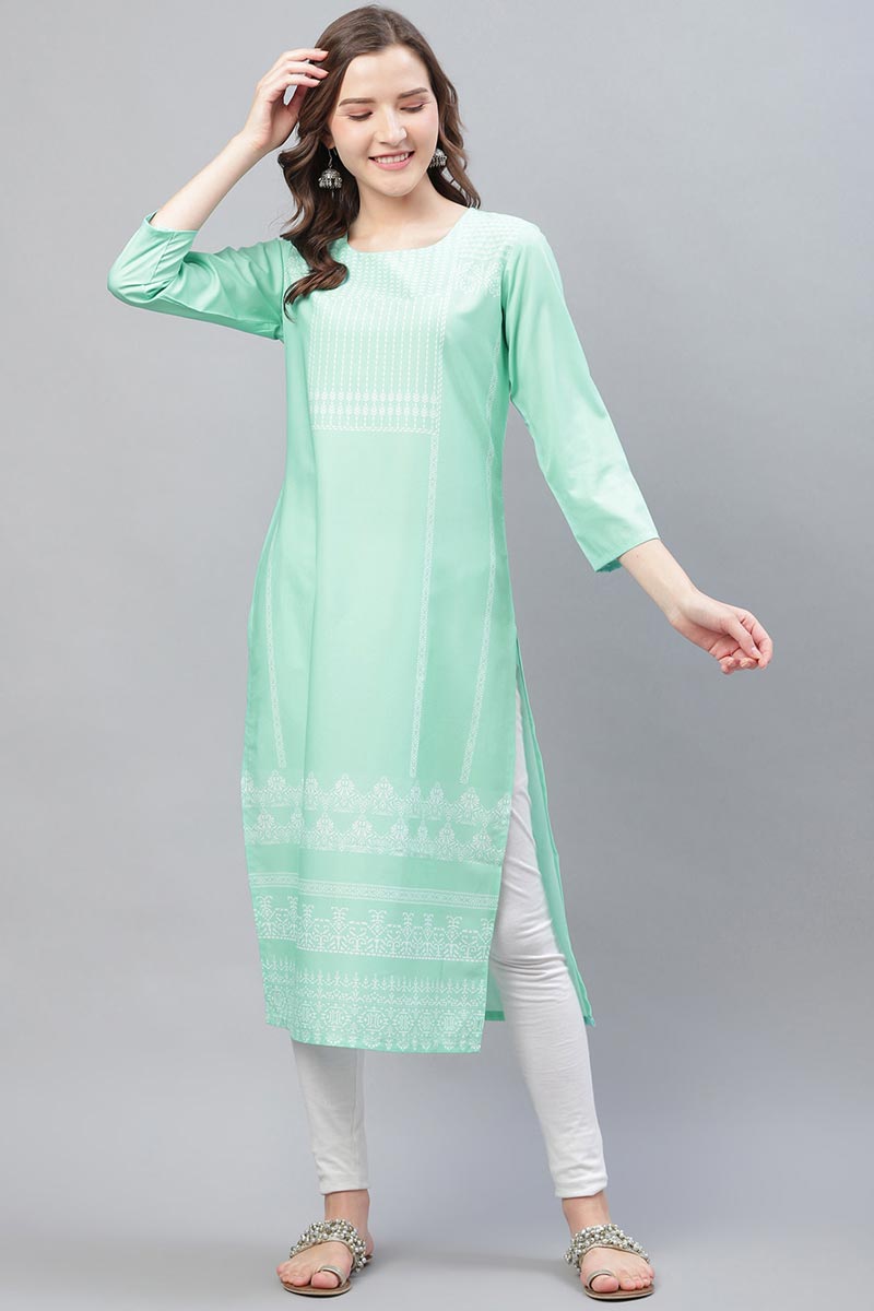 Ahika Women Casual Wear Crepe Sea Green Color Printed Trendy Kurti 