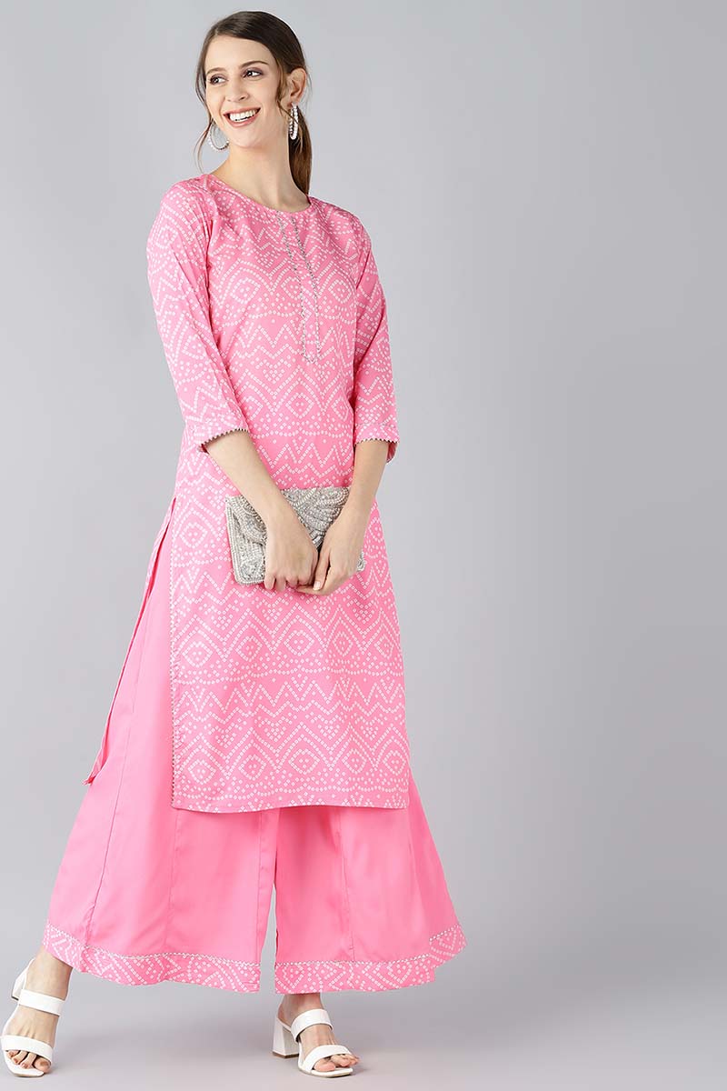 Ahika Women Crepe Pink Bandhani Printed Straight Kurta Palazzo Set 