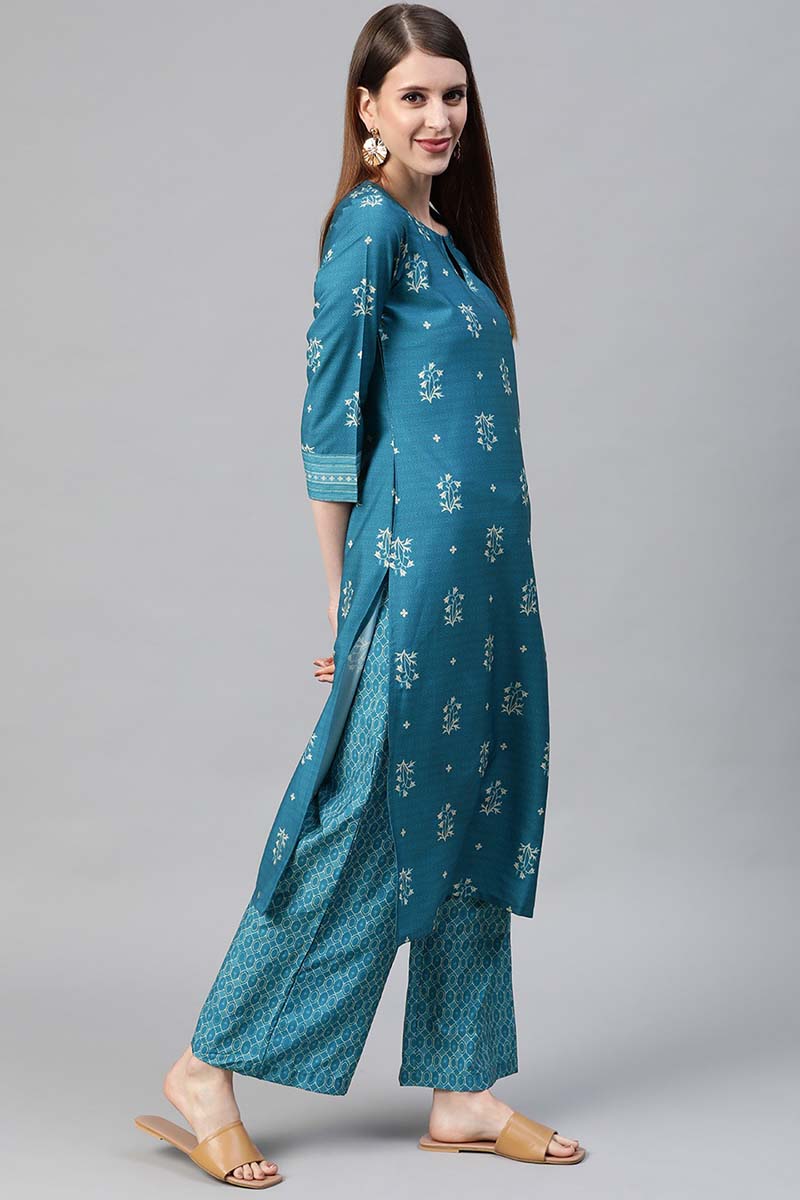 Ahika Women Crepe Blue Ethnic Motifs Printed Straight Kurta Pant Set 